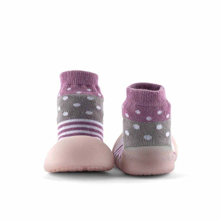 Zapatos de primeros pasos BigToes Chameleon para bebé con estampado de lunares lila delante y atras