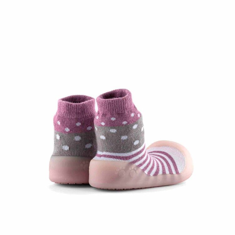 Zapatos de primeros pasos BigToes Chameleon para bebé con estampado de lunares lila atras