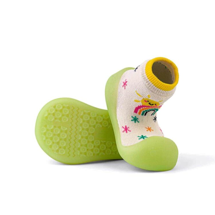 Zapatos de primeros pasos BigToes Chameleon para bebé con estampado de sol y arcoiris suela